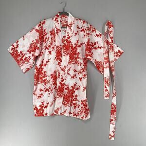 Shaddy Japan Women Kimono Jacket OS White Red Belted Sheer Thin Lightweight NEW